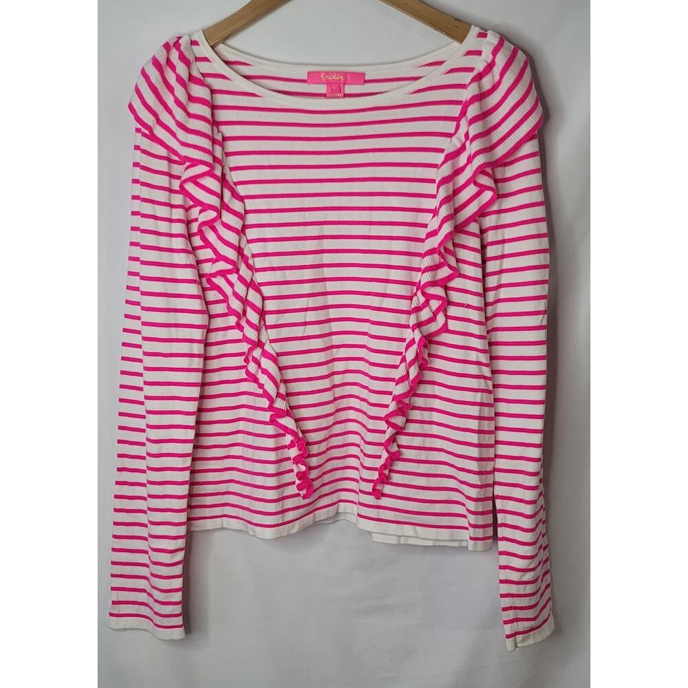 Lilly Pulitzer- Women's pink and white striped pull over sweater- size Large